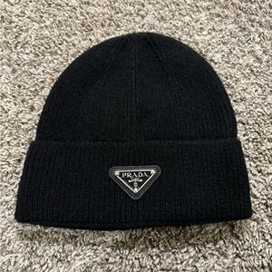 Prada Black Knit Hat with Logo